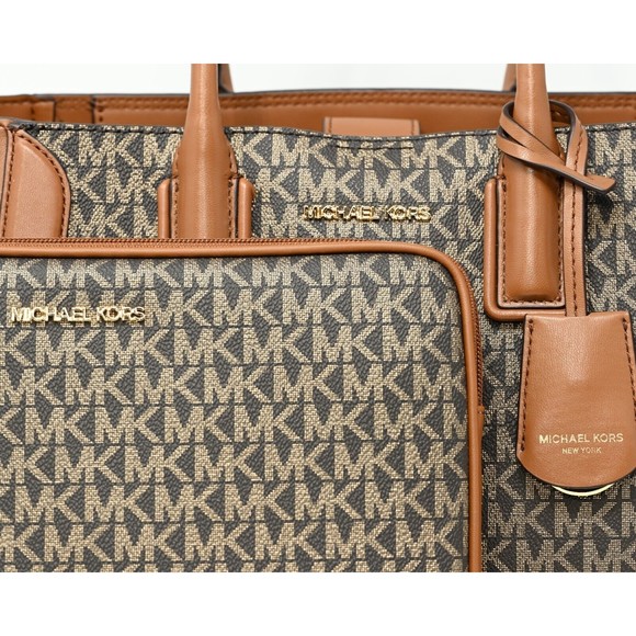 MICHAEL KORS KALI Medium Satchel w iPad Case Brwn Gold Signature Canvas NWT $678 - Picture 13 of 16